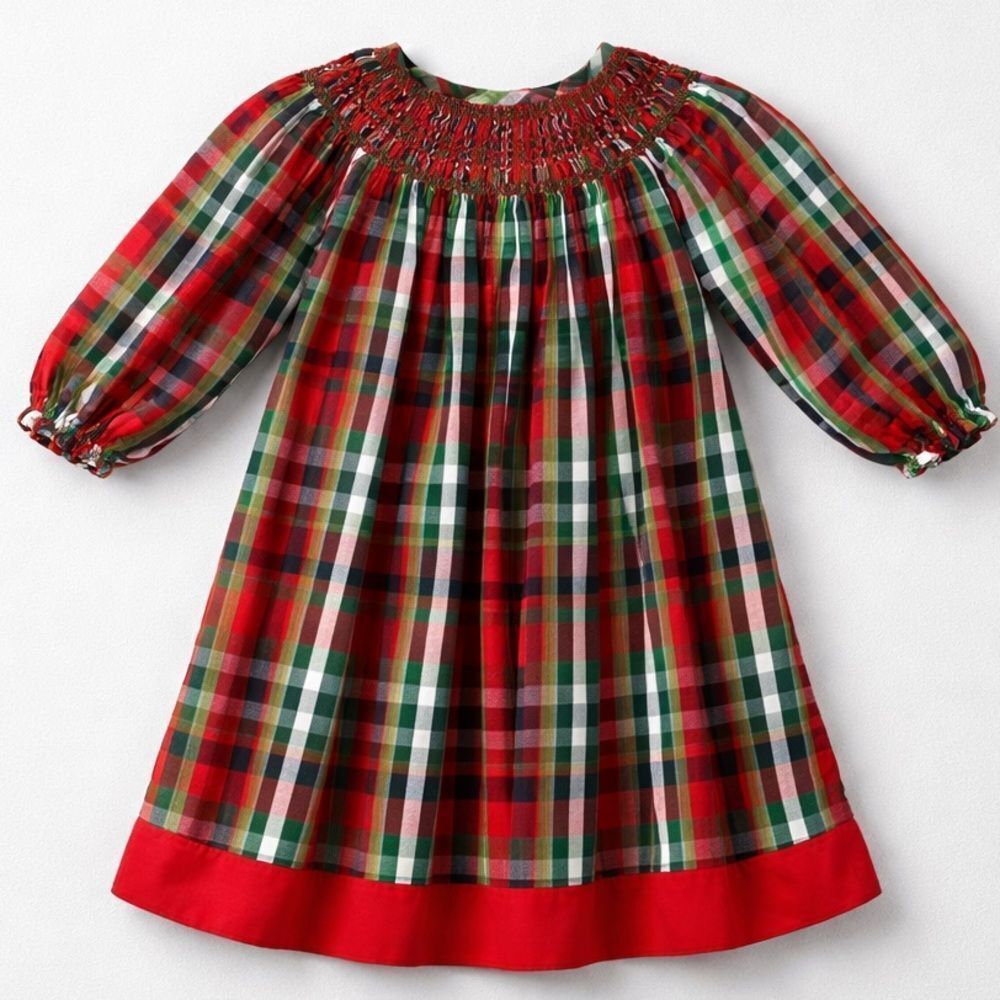 Pleats & Stitches long sleeve red and green plaid hand-made smocked bishop dress